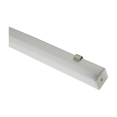 LYYT 2m box section surface mount LED profile in mill-finish aluminium with clip-on opal diffuser, end cap and metal mounting clip, on a white background.