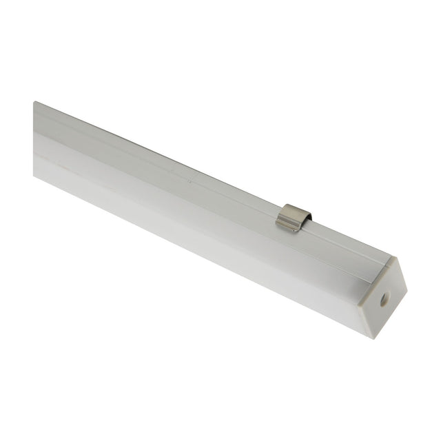 LYYT 2m box section surface mount LED profile in mill-finish aluminium with clip-on opal diffuser, end cap and metal mounting clip, on a white background.