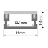 Technical cross-section diagram of the LYYT Waterproof Surface Mount LED Profile showing 16mm external width and 8.6mm height with a 13.1mm internal channel.