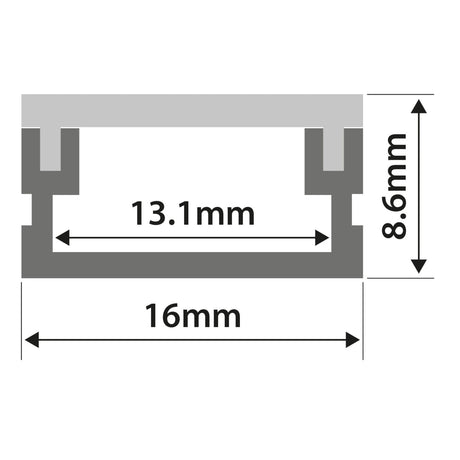 Cross-sectional diagram of the LYYT Waterproof Surface Mount LED Profile - 1m, rectangular channel; outer width 16mm, inner width 13.1mm, height 8.6mm with dimension arrows for accurate LED tape protection.