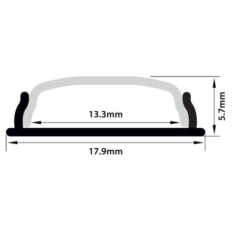 Cross-sectional diagram of the LYYT Bendable Surface Mount LED Strip Profile - 1m showing a curved handle, with measurements: 13.3 mm width (inner), 17.9 mm base, and 5.7 mm height, arrows indicating dimensions.