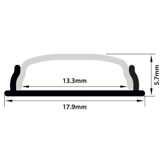 Cross-sectional diagram of the LYYT Bendable Surface Mount LED Strip Profile - 1m showing a curved handle, with measurements: 13.3 mm width (inner), 17.9 mm base, and 5.7 mm height, arrows indicating dimensions.