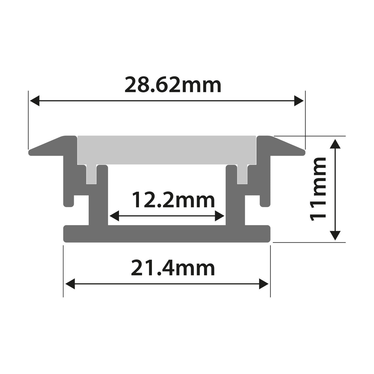 Technical dimension diagram of the LYYT recessed aluminium LED profile showing a 28.62mm wide, 11mm deep channel with 12.2mm internal cavity.