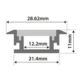 Technical dimension diagram of the LYYT recessed aluminium LED profile showing a 28.62mm wide, 11mm deep channel with 12.2mm internal cavity.