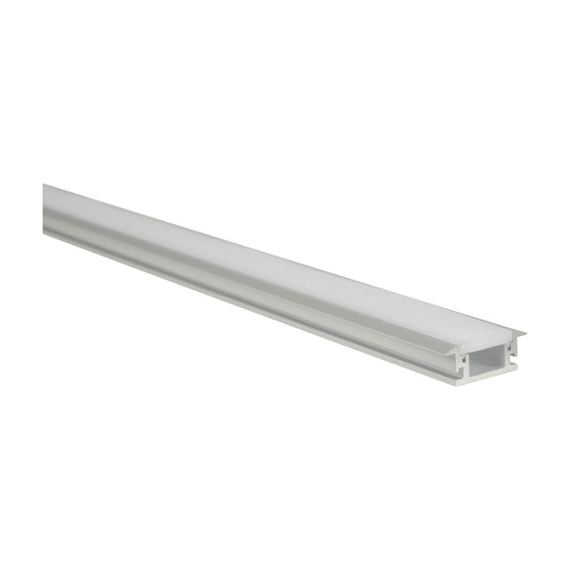 LYYT 2m recessed aluminium LED profile with frosted diffuser and IP68 seal, shown diagonally on a plain white background.