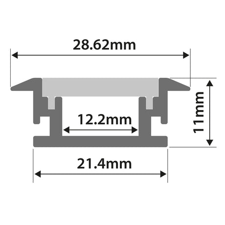 Technical diagram of the LYYT Waterproof Recessed LED Profile - 2m, cross-section with labeled dimensions: top width 28.62mm, inner width 12.2mm, base width 21.4mm, height 11mm.