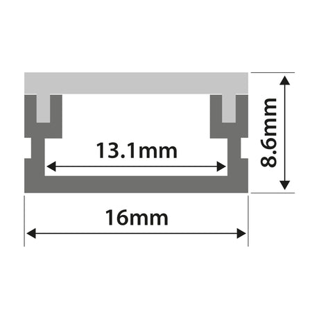 Technical dimension diagram of the LYYT AVSL 2m waterproof surface mount LED profile showing 16mm external width, 8.6mm height, and 13.1mm internal channel.
