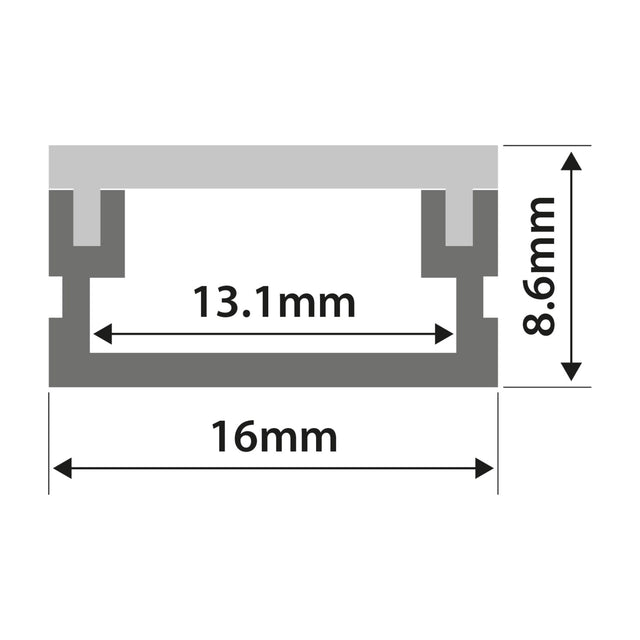 Technical dimension diagram of the LYYT AVSL 2m waterproof surface mount LED profile showing 16mm external width, 8.6mm height, and 13.1mm internal channel.