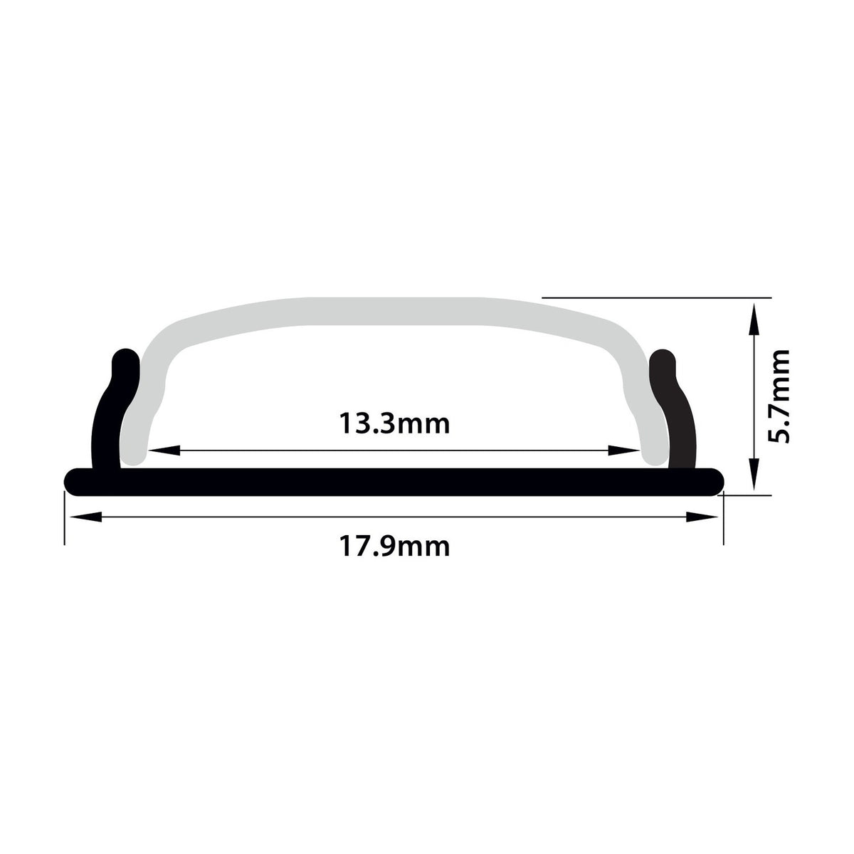 Technical cross-section diagram of the LYYT bendable surface mount LED strip profile by AVSL, showing 17.9mm width and 5.7mm height dimensions.