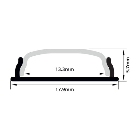 Technical cross-section diagram of the LYYT bendable surface mount LED strip profile by AVSL, showing 17.9mm width and 5.7mm height dimensions.