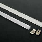 LYYT bendable surface mount LED strip profile by AVSL, showing two silver aluminium channels with opaque diffusers and two metal mounting clips.