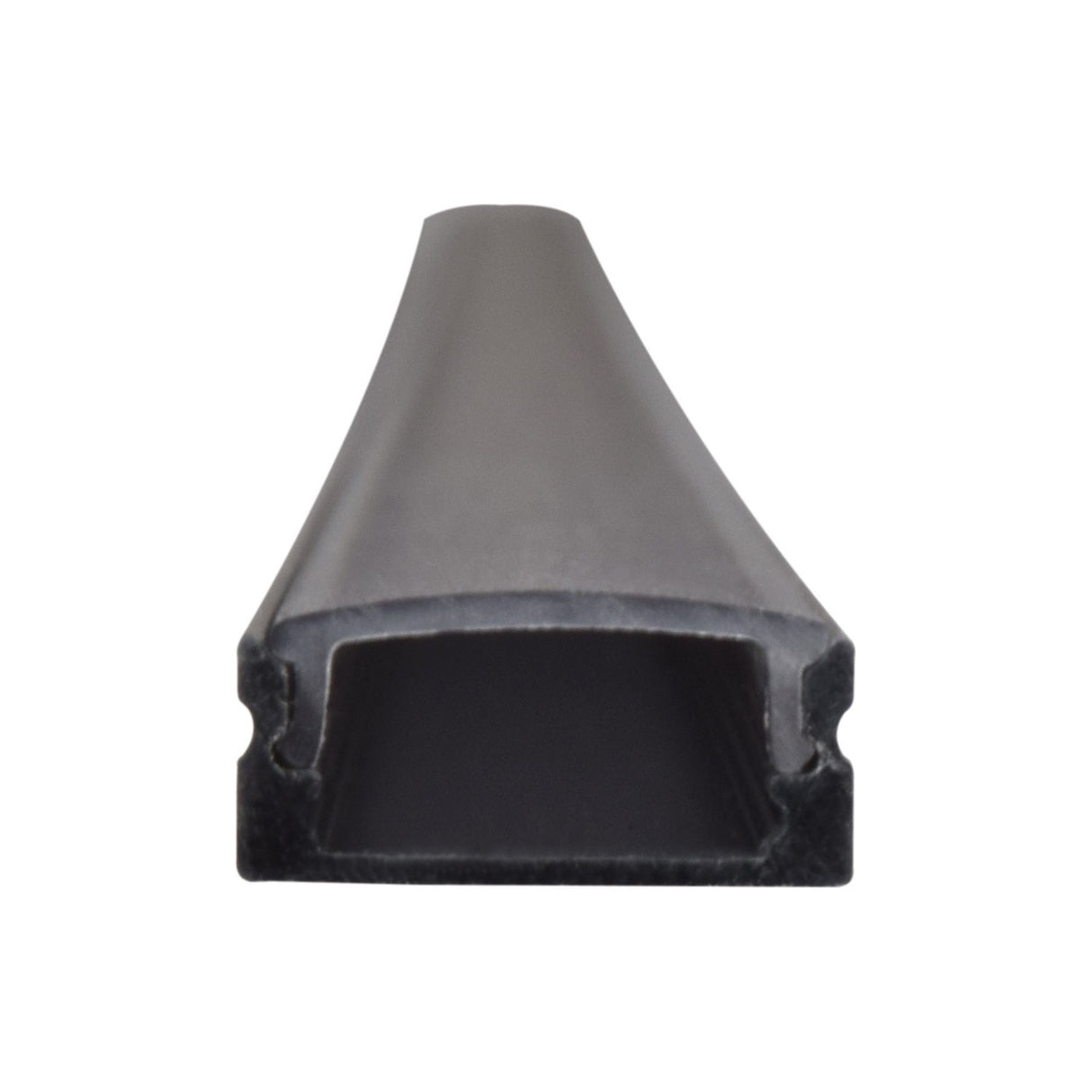 End-on view of LYYT Short Crown 1m black aluminium surface mount LED profile showing rectangular channel and crowned diffuser on a white background.