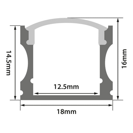 Cross-sectional diagram of the LYYT Tall Crown Surface Mount LED Profile 1m - Black: 14.5mm left height, 16mm right height, 12.5mm internal width, and 18mm base width—ideal for glare reduction or use with a black diffuser.