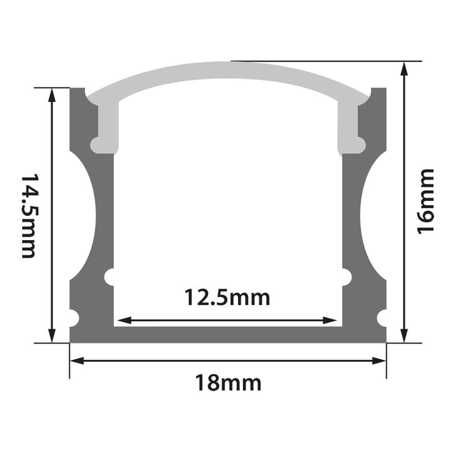 Cross-sectional diagram of the LYYT Tall Crown Surface Mount LED Profile 1m - Black: 14.5mm left height, 16mm right height, 12.5mm internal width, and 18mm base width—ideal for glare reduction or use with a black diffuser.
