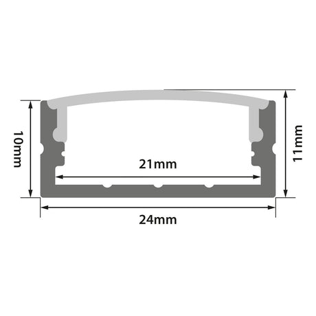 Cross-sectional diagram of the LYYT Wide Crown Surface Mount LED Profile 1m - Black, showing labelled measurements: 24mm width, 21mm internal width, 10mm height on one side and 11mm on the other. For LED tape installation.