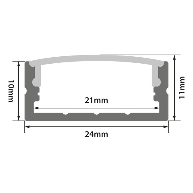 Cross-sectional diagram of the LYYT Wide Crown Surface Mount LED Profile 1m - Black, showing labelled measurements: 24mm width, 21mm internal width, 10mm height on one side and 11mm on the other. For LED tape installation.