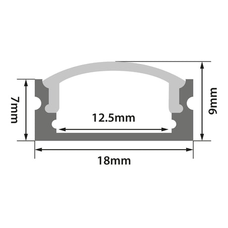 Cross-sectional diagram of the LYYT Short Crown Surface Mount LED Profile 2m - Black: curved top, 18mm width, 12.5mm inner width, heights of 9mm and 7mm on each side. Arrows show measurements—perfect for LED tape integration.