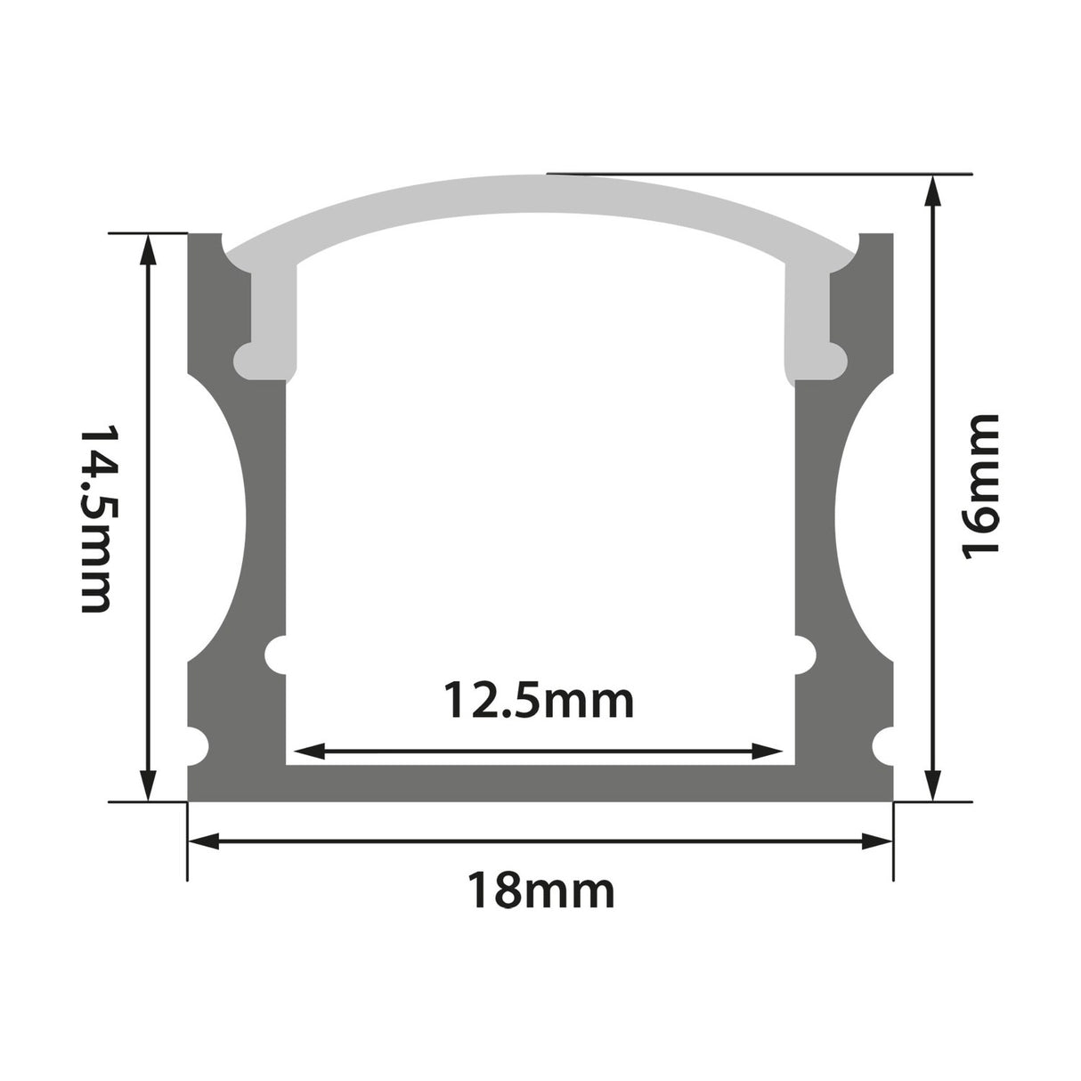 Technical cross-section diagram of the LYYT Tall Crown 2m black aluminium surface mount LED profile, showing 18x16mm external and 12.5mm internal dimensions.