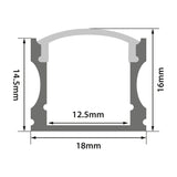 Technical cross-section diagram of the LYYT Tall Crown 2m black aluminium surface mount LED profile, showing 18x16mm external and 12.5mm internal dimensions.