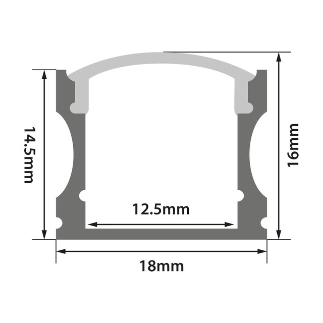 Technical cross-section diagram of the LYYT Tall Crown 2m black aluminium surface mount LED profile, showing 18x16mm external and 12.5mm internal dimensions.