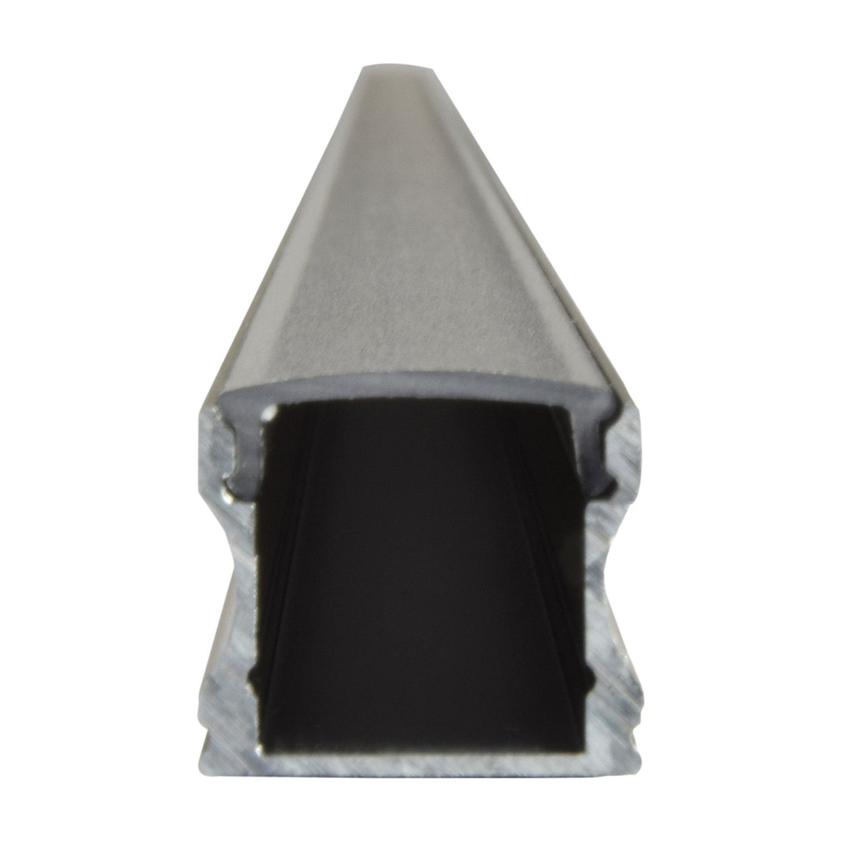 End view of LYYT Tall Crown 2m surface mount LED profile showing black aluminium extrusion with crowned diffuser and rectangular internal channel.