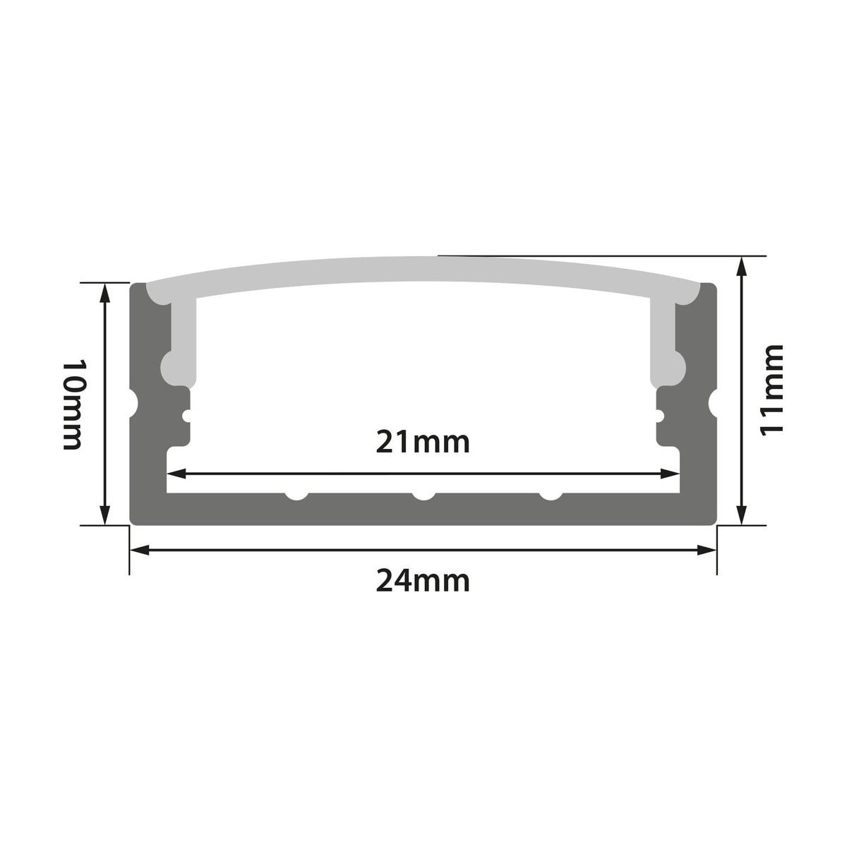 Technical dimension diagram of the LYYT Wide Crown 2m surface mount LED profile showing 24mm width, 11mm height and 21mm diffuser span.
