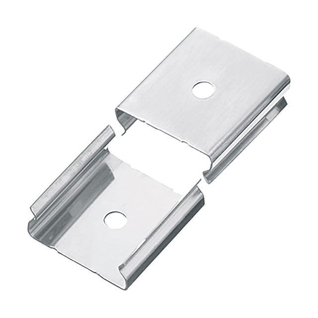 LYYT recessed LED profile mounting clips in galvanised spring steel, shown as two formed channel brackets with central screw apertures on a white background.