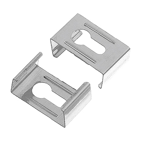 LYYT 10 Mounting Clips for 45° Angle LED Profile by AVSL, galvanised steel spring clips with keyhole slots, shown as a pair on a white background.