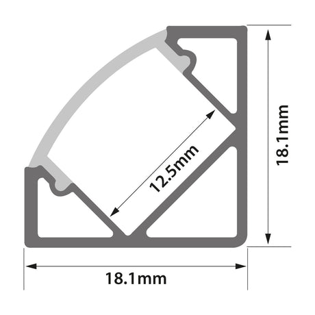 Technical diagram of the LYYT 45° Corner Surface Mount LED Profile showing 18.1mm external and 12.5mm internal cross-section measurements on a white background.