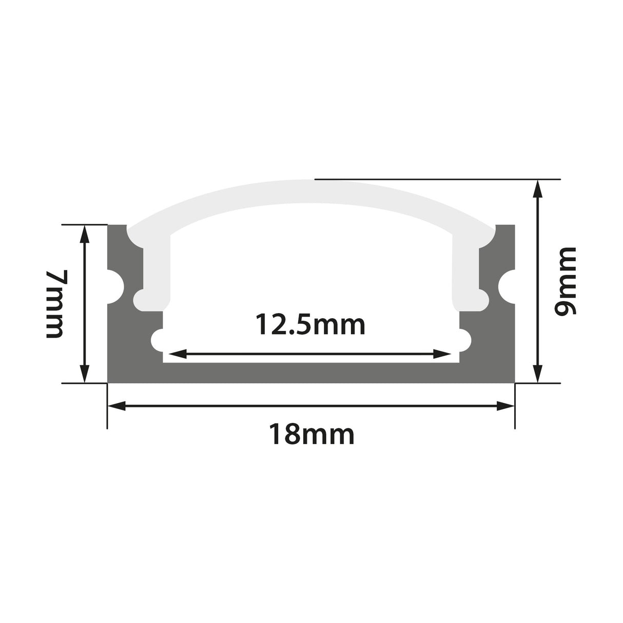 Technical cross-section diagram of the LYYT Short Crown 1m surface mount LED profile by AVSL, showing 18mm x 9mm external and 12.5mm internal dimensions.