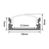 Technical cross-section diagram of the LYYT Short Crown 1m surface mount LED profile by AVSL, showing 18mm x 9mm external and 12.5mm internal dimensions.