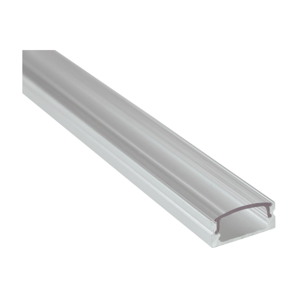 LYYT Short Crown 1m aluminium surface-mount LED profile with clear curved polycarbonate snap-on cover, shown at an angle on a white background.