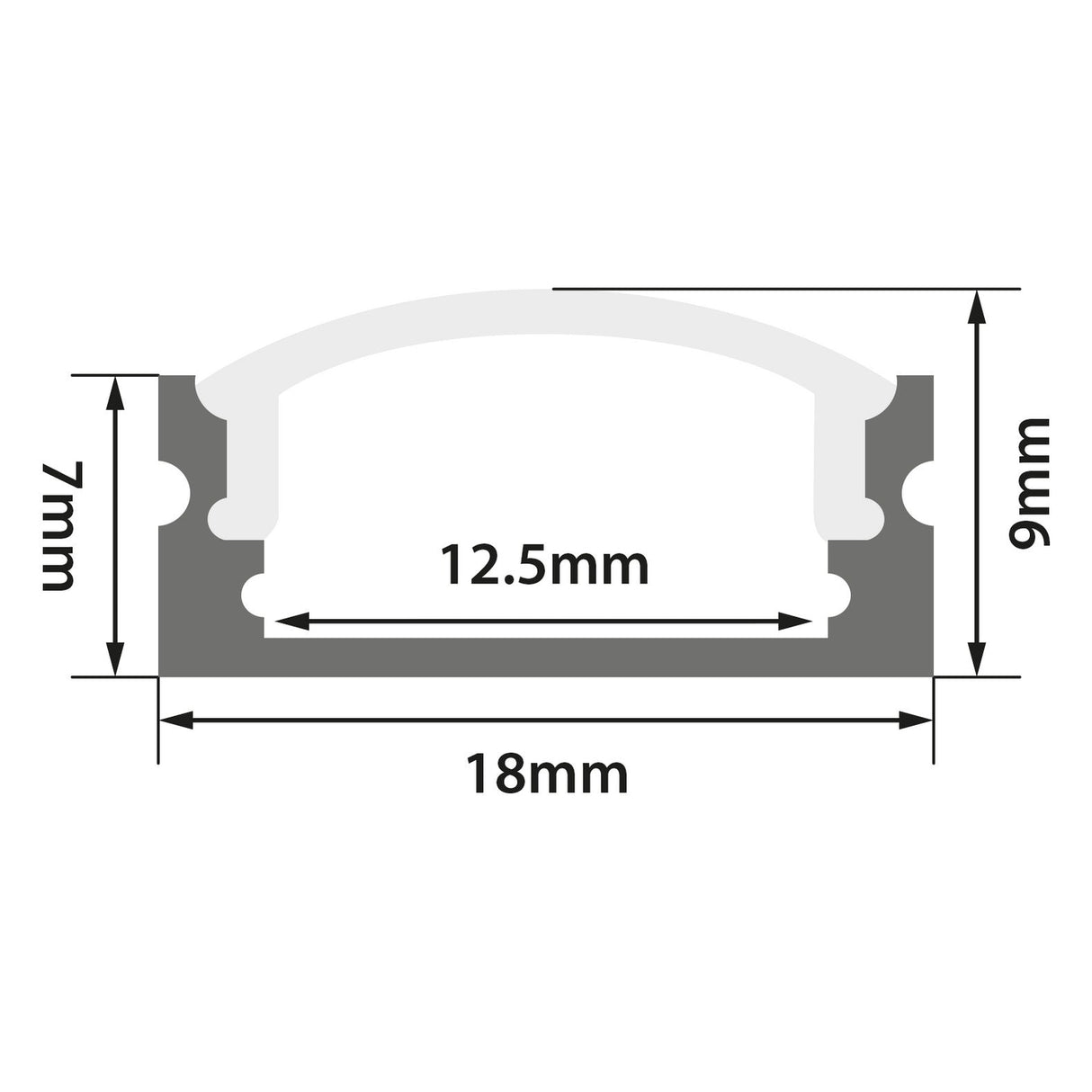 Cross-sectional diagram of the LYYT Short Crown Surface Mount LED Profile 1m - Clear, aluminium channel with rounded top; ideal for LED or furniture lighting. Dimensions: 18mm wide, 9mm tall, side height 7mm, internal width 12.5mm.