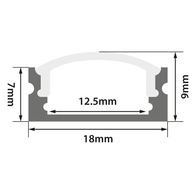 Cross-sectional diagram of the LYYT Short Crown Surface Mount LED Profile 1m - Clear, aluminium channel with rounded top; ideal for LED or furniture lighting. Dimensions: 18mm wide, 9mm tall, side height 7mm, internal width 12.5mm.