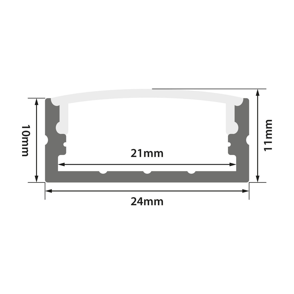 Technical dimension diagram of the LYYT Wide Crown Surface Mount LED Profile showing 24mm x 11mm external and 21mm visible width measurements.