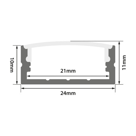 Technical dimension diagram of the LYYT Wide Crown Surface Mount LED Profile showing 24mm x 11mm external and 21mm visible width measurements.