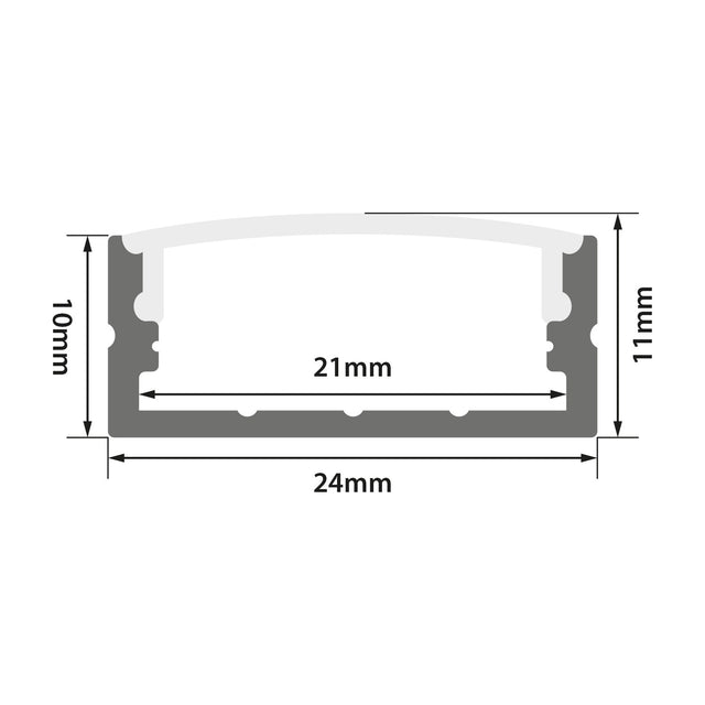 Technical dimension diagram of the LYYT Wide Crown Surface Mount LED Profile showing 24mm x 11mm external and 21mm visible width measurements.