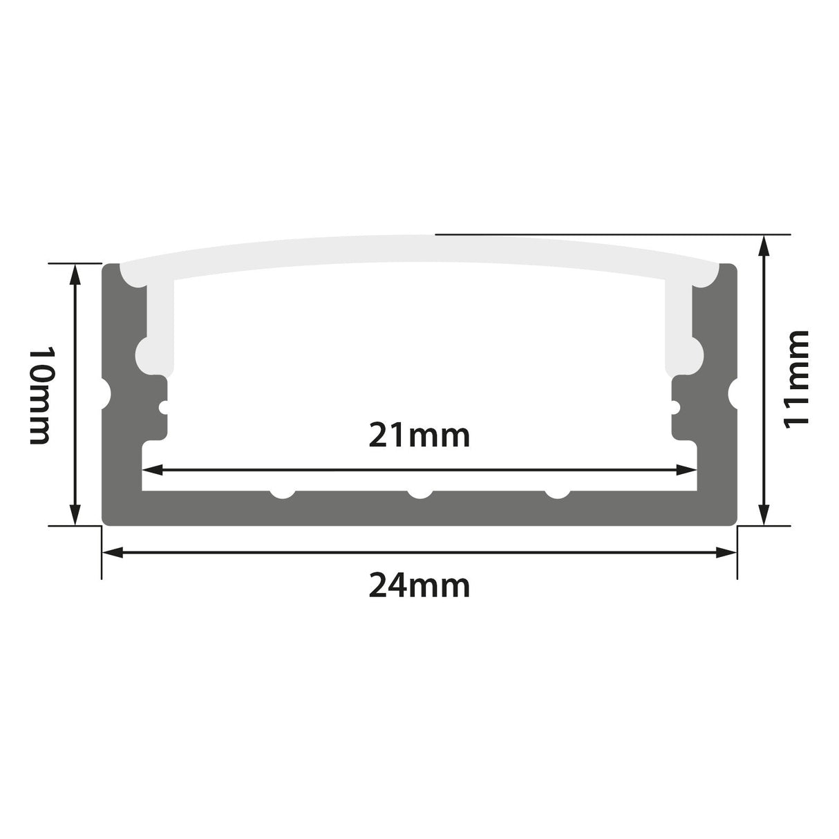 Cross-section diagram of the LYYT Wide Crown Surface Mount LED Profile 1m - Clear, with labeled dimensions: 24mm width, 21mm internal width, 10mm height on one side, and 11mm height on the other.