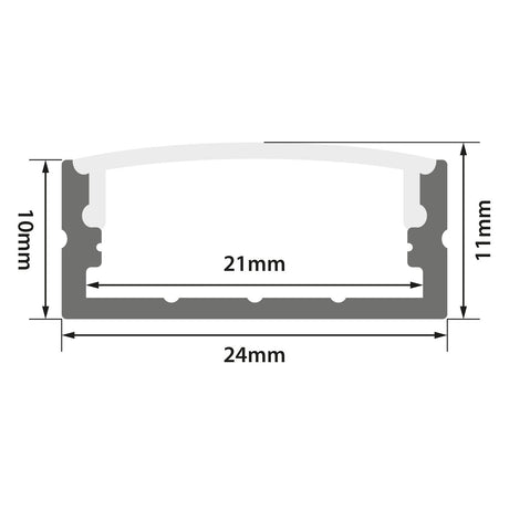 Cross-section diagram of the LYYT Wide Crown Surface Mount LED Profile 1m - Clear, with labeled dimensions: 24mm width, 21mm internal width, 10mm height on one side, and 11mm height on the other.