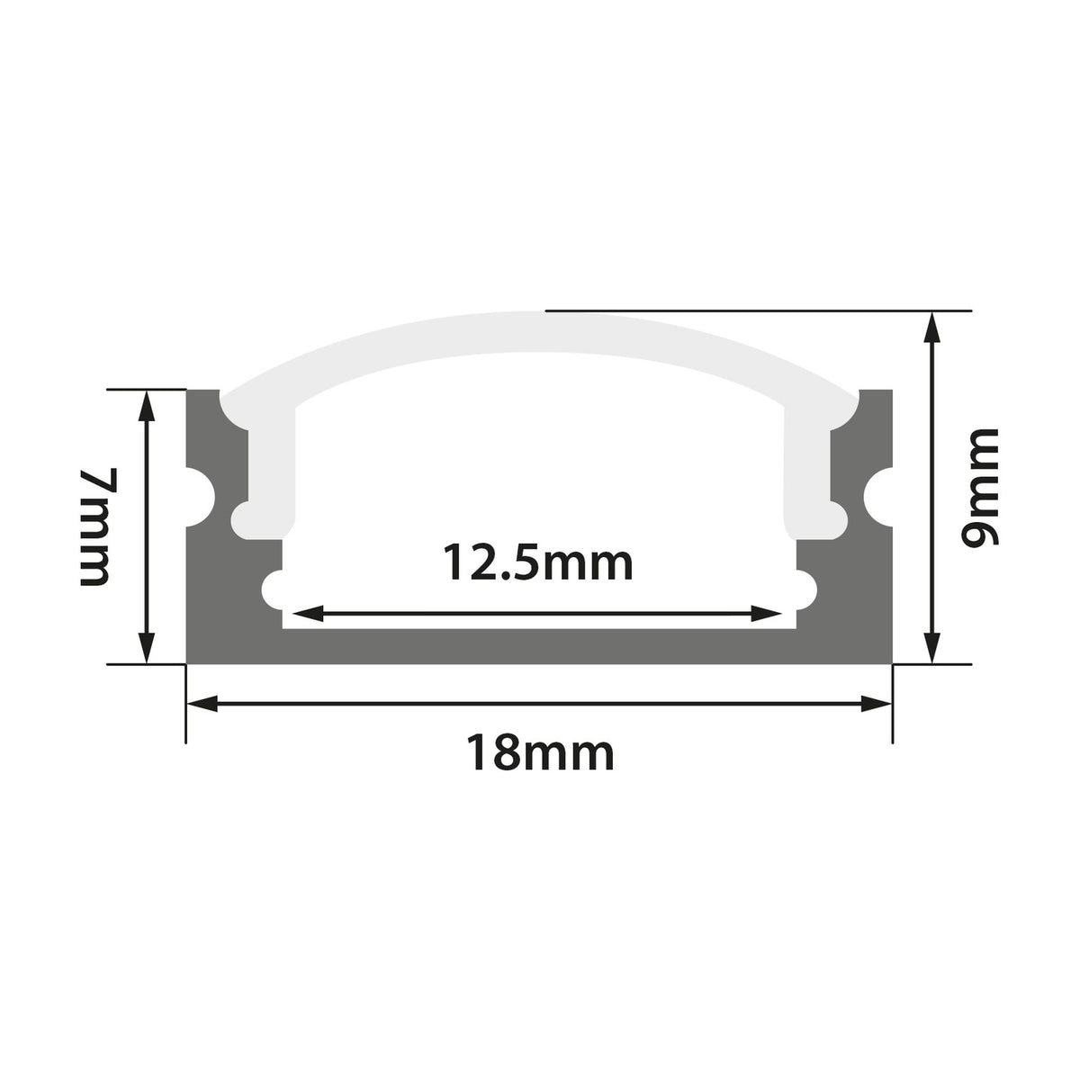 Technical dimension diagram of the LYYT Short Crown Surface Mount LED Profile by AVSL, showing 18mm width, 9mm height, and 12.5mm clear diffuser.