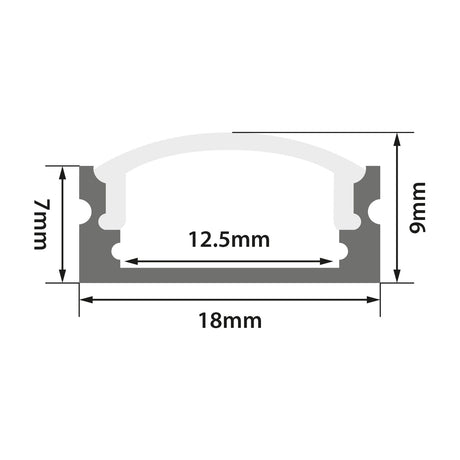 Technical dimension diagram of the LYYT Short Crown Surface Mount LED Profile by AVSL, showing 18mm width, 9mm height, and 12.5mm clear diffuser.
