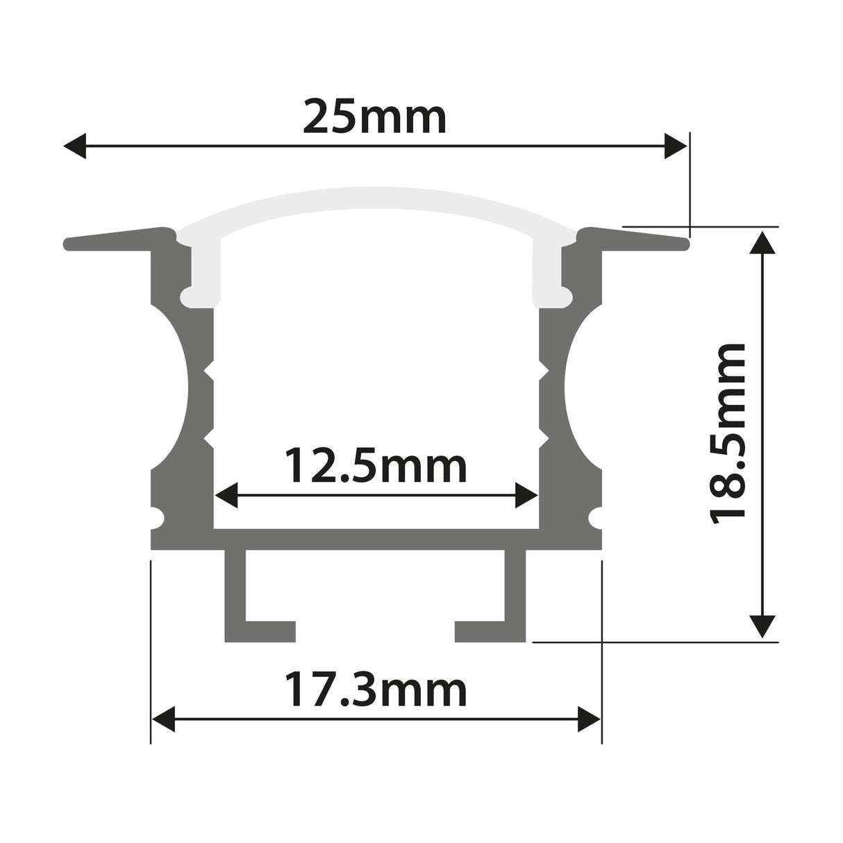 Technical cross-section diagram of the LYYT Recessed T-Style LED Profile showing 25mm width, 18.5mm depth, 12.5mm channel and 17.3mm base.