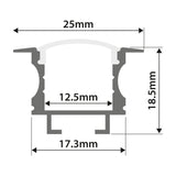Technical cross-section diagram of the LYYT Recessed T-Style LED Profile showing 25mm width, 18.5mm depth, 12.5mm channel and 17.3mm base.