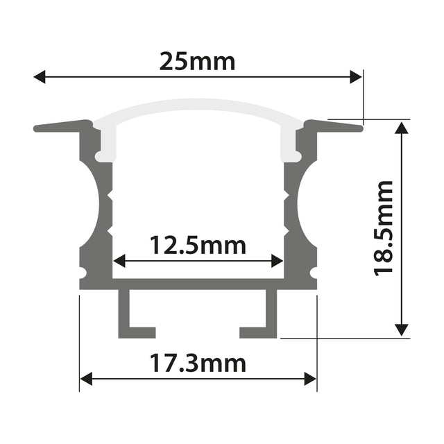 Technical cross-section diagram of the LYYT Recessed T-Style LED Profile showing 25mm width, 18.5mm depth, 12.5mm channel and 17.3mm base.