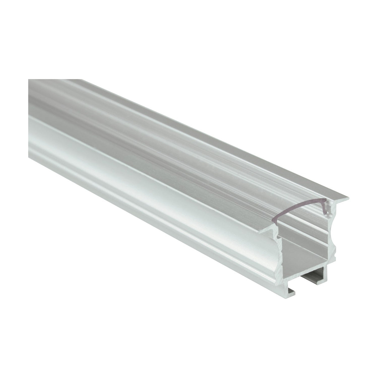 LYYT 1m recessed T-style aluminium LED profile with clear polycarbonate cover and flush mounting flanges, shown on a white background.