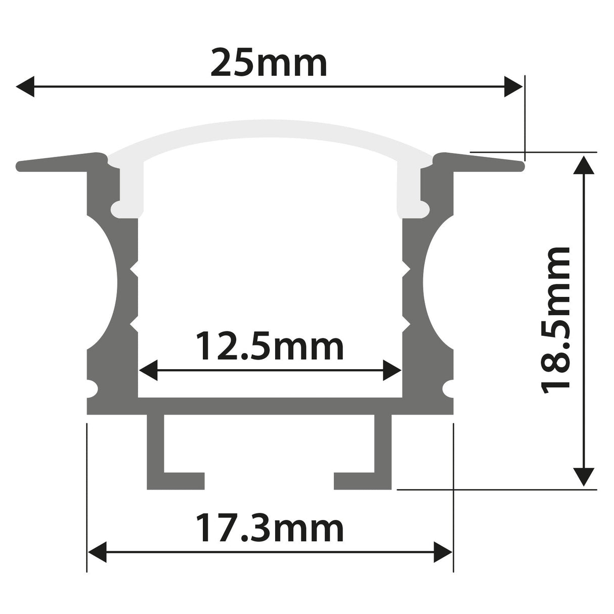 Technical drawing of LYYT Recessed T-Style LED Profile 1m - Clear, ideal for LED tape installation. Dimensions: width 25mm, inner width 17.3mm, internal section 12.5mm, height 18.5mm—all marked with arrows.