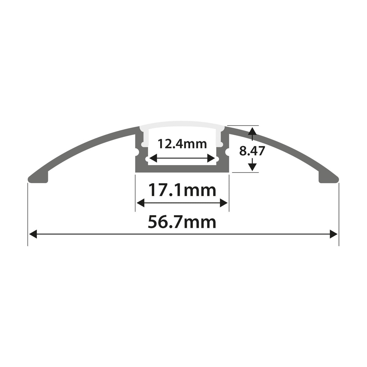 Technical dimension diagram of the LYYT 1m surface mount LED strip aluminium profile bar showing 56.7mm width, 8.47mm height and 12.4mm channel.