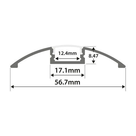 Technical dimension diagram of the LYYT 1m surface mount LED strip aluminium profile bar showing 56.7mm width, 8.47mm height and 12.4mm channel.