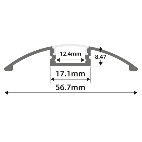 Cross-section diagram of the LYYT Surface Mount LED Strip Profile Bar 1m - Clear, showing dimensions: 56.7mm wide, 17.1mm inner width, 12.4mm compartment width, and 8.47mm compartment height—ideal for LED tape or ambient lighting.