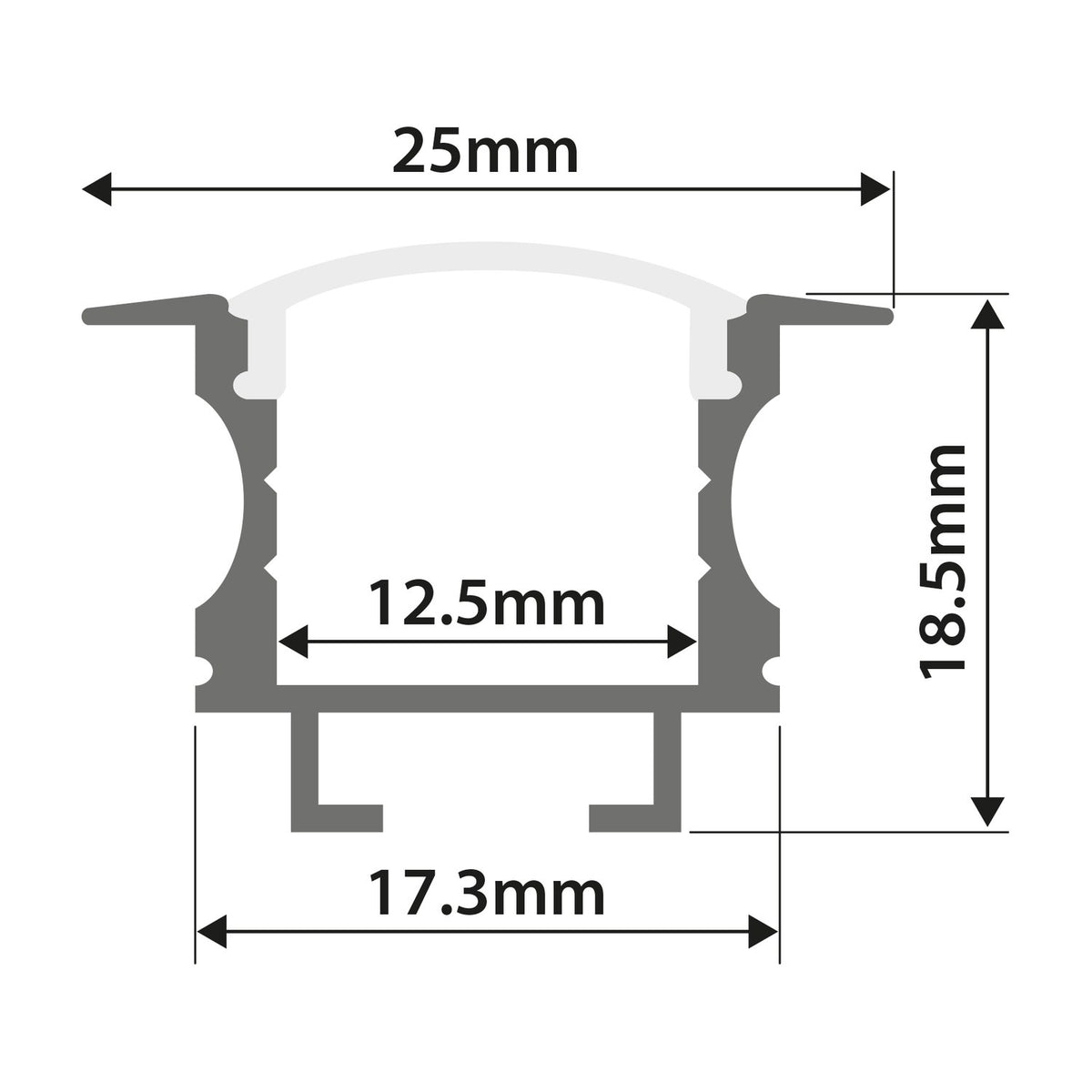 Technical cross-section diagram of the LYYT Recessed T-Style LED Profile showing 25mm width, 18.5mm depth, 12.5mm internal channel and 17.3mm base.